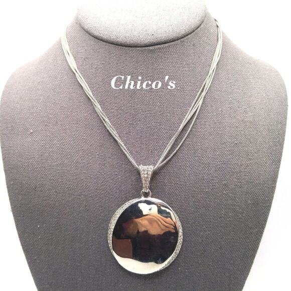 Chico’s Silver Tone Pave Rhinestone Pendant Necklace Multi Snake Chain - Picture 1 of 9